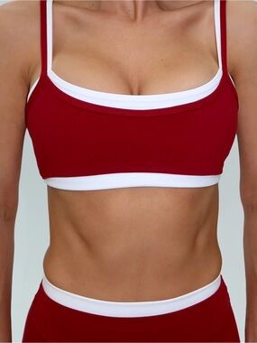 Scoop Sports Bra in Kiss Red with White Trim